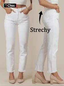 High Elasticity Mid-Waist Straight Leg Jeans Pants, Casual Loose-Fitting Denim Jeans for All Seasons, Plain Style Women's Fashion, Womenswear
