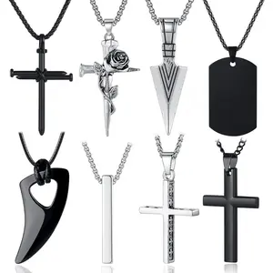 8 Pcs Necklace for Men, 16-24 inches Mens Necklaces Jewelry Set, Black and Silver Stainless Steel Necklace, Cross Pendant Necklace For Men, Boys, Dad, Family, Friends