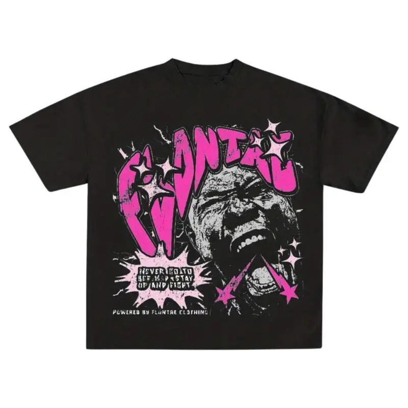 Feego Y2K Unisex Graphic T-Shirt - Black & Pink Text Star Design, 100% Cotton Loose Fit Streetwear, Drop Shoulder Short Sleeve Crew Neck Top