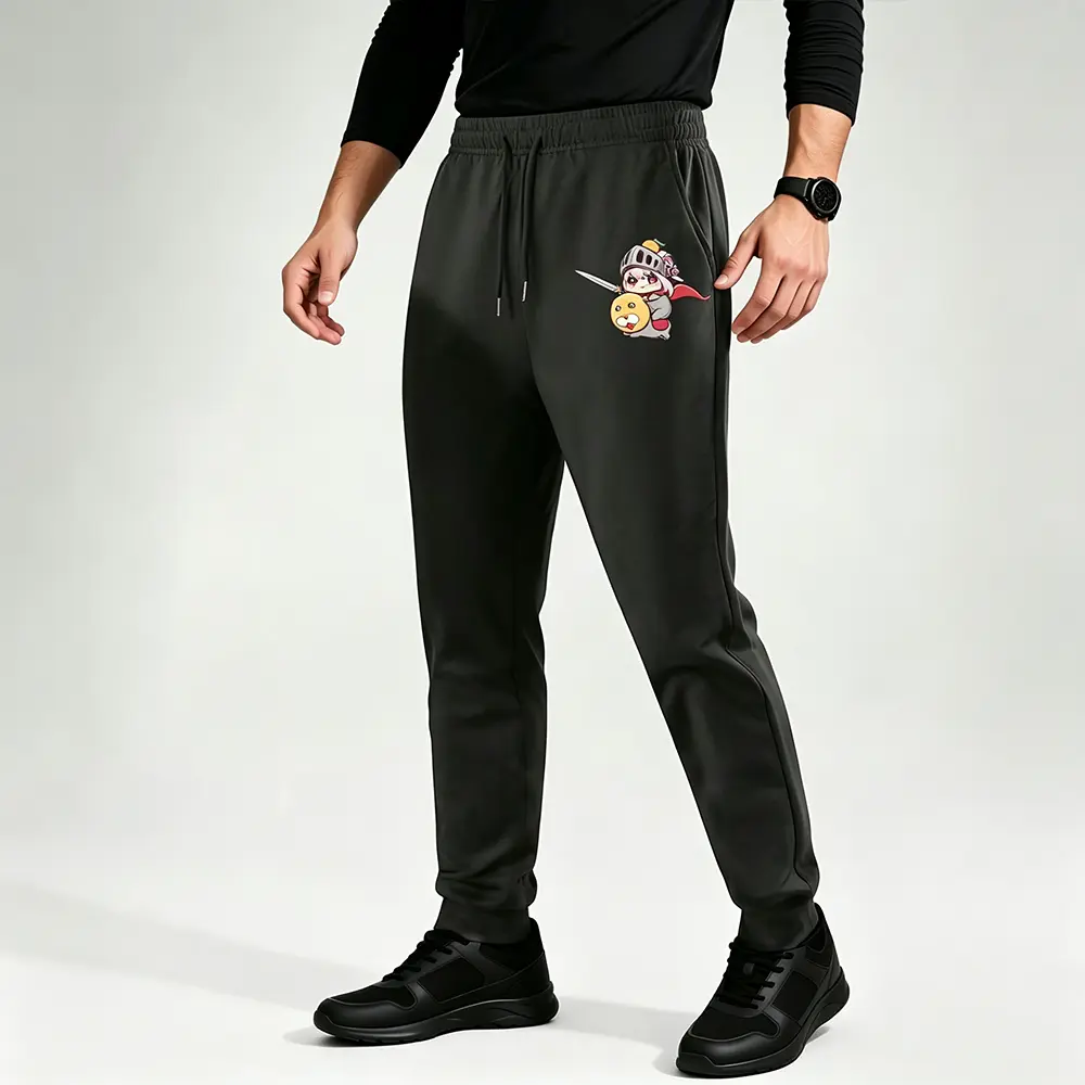 casual loose fit polyester jogger pants with cute cartoon knight character print daily wear drawstring waist cuffed ankle sweatpants for men outdoor sports leisure long trousers