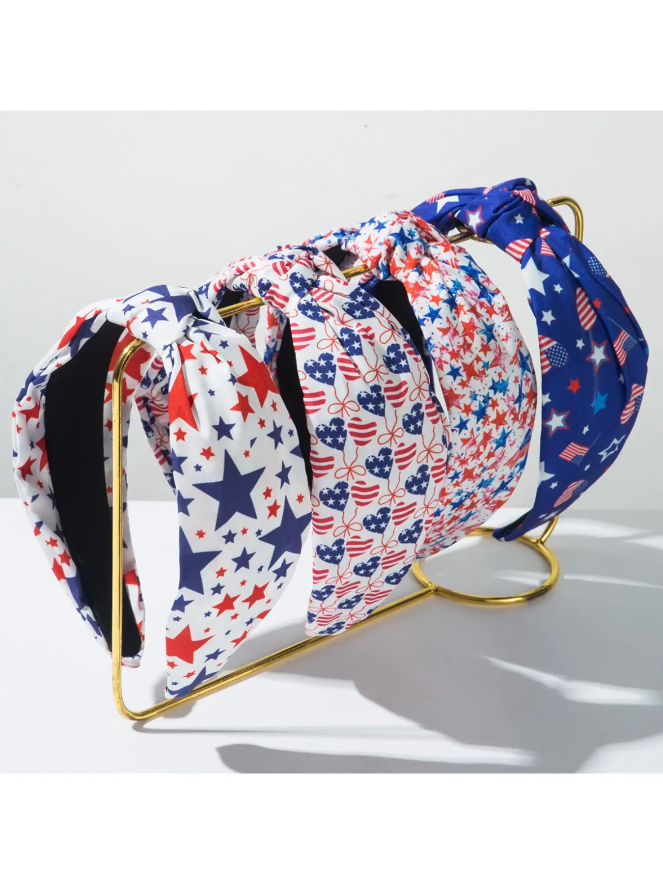 New American Independence Day headband knotted with wide edge fabric, featuring stars, hearts, national flags, and printed hair accessories for women, Holiday Headbands