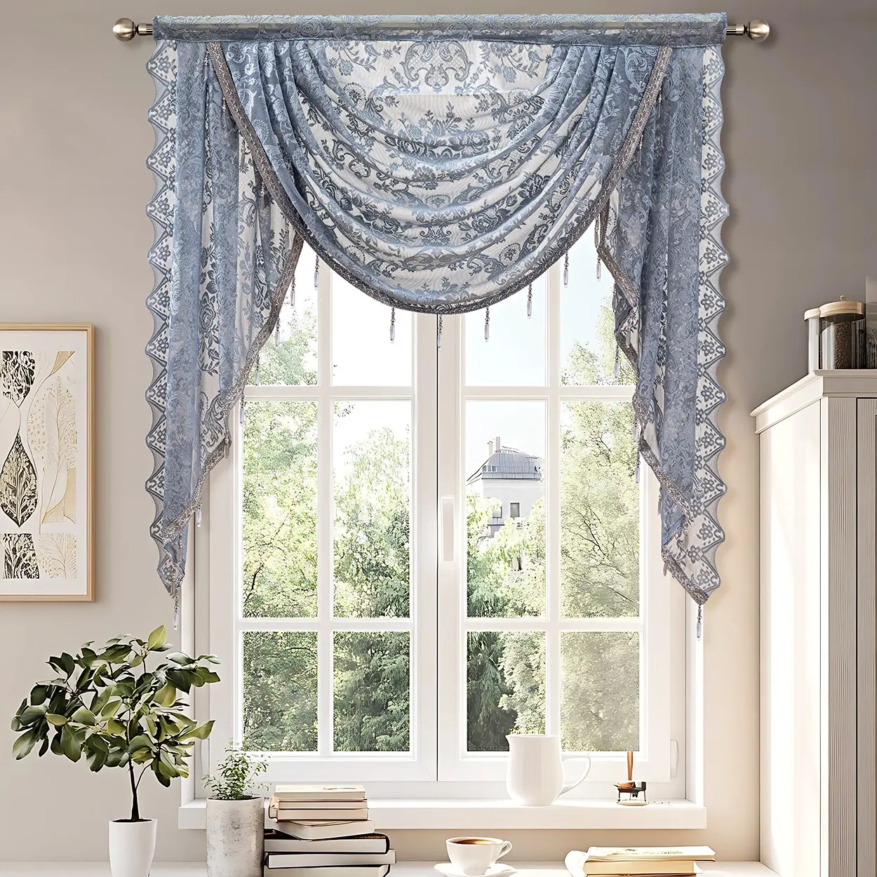 Handmade Embroidered Lace Curtain Panel, Luxury Floral Design, Semi-Transparent Polyester, Crystal Tassels, Rod-Pull Style, for Living Room, Bedroom, Balcony, Window Curtain Panels