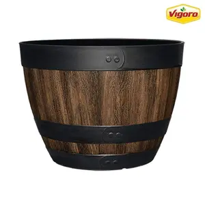 Large  Walnut Brown Resin Wine Barrel Lightweight Round Planter (20 in. L x 20 in. W x 14.5 in. H)
