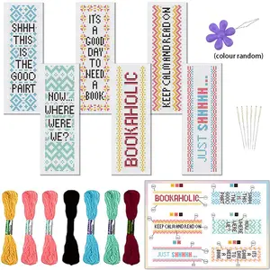 6-piece set minimalist pattern and text-themed cross-stitch Embroidery bookmark DIY craft kit - with motivational reading text patterns - unique bookmark decorations - adds fun to reading - creative gift for friends, teachers, and classmates