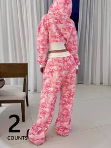 Women's Two-Piece Hooded Long Sleeve Knit Set, All over Print Loose Fit Pants, Casual Wear Fall Fashion, Trendy Street Style