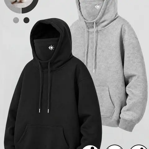 Men's Minimalist Plain Casual Sporty Hoodie Pullover Sweatshirt - Cotton Blend Vintage Washed Texture, Relaxed Fit, Drawstring Hood, Face Covering, Kangaroo Pocket, Subtle Chest Mask Print, Long Sleeve for Streetwear Daily Outfits