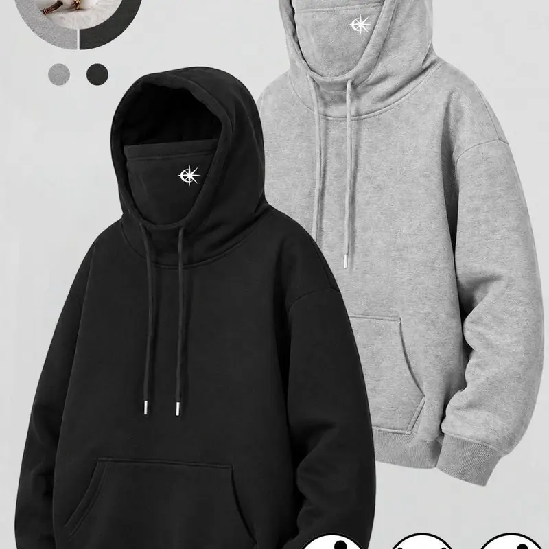 Men's Minimalist Plain Casual Sporty Hoodie Pullover Sweatshirt - Cotton Blend Vintage Washed Texture, Relaxed Fit, Drawstring Hood, Face Covering, Kangaroo Pocket, Subtle Chest Mask Print, Long Sleeve for Streetwear Daily Outfits