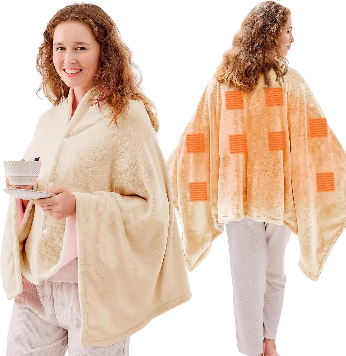 USB Heated Blanket Throw, Wearable & Portable Heating Electric Blanket for Adults, 3 Levels & 8 Heating Zone Shawl for Indoor & Outdoor, Beige (Battery Not Included)