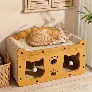 2 in 1 House & Scratch Board, 1 Set Wooden Bed with Scratcher, Durable Double Layer Bed, Pet Furniture for Indoor Spacious cool cat stuff cozy cat bed cat scratcher indoor cat accessories cat toys cat accessories