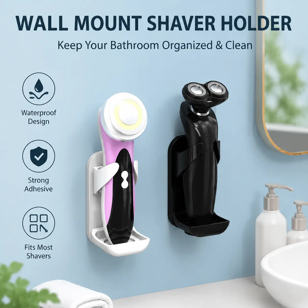 Self-Adhesive Wall-Mounted Electric Shaver Holder - No Drilling, Adjustable Storage Bracket for Bathroom Minimalist Decluttering of Small Grooming Accessories (1 Count)