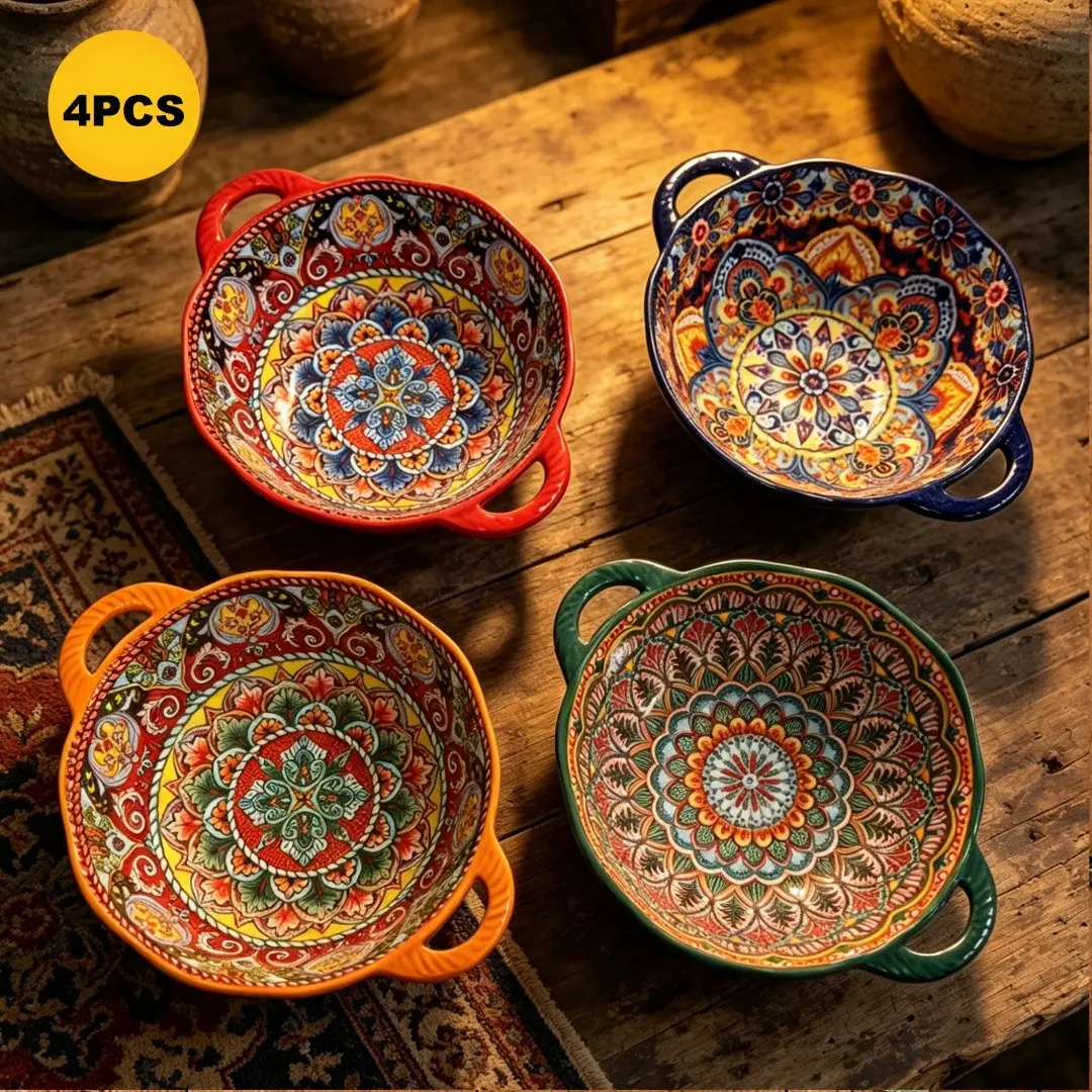 4-Piece Embossed Ceramic Soup Bowl Set with Handle, Boho Style, Bohemian, Dishwasher & Microwave Safe, Handmade, Kitchen Bowls, Serving Bowl, Kitchenware, Tableware, Perfect Gift