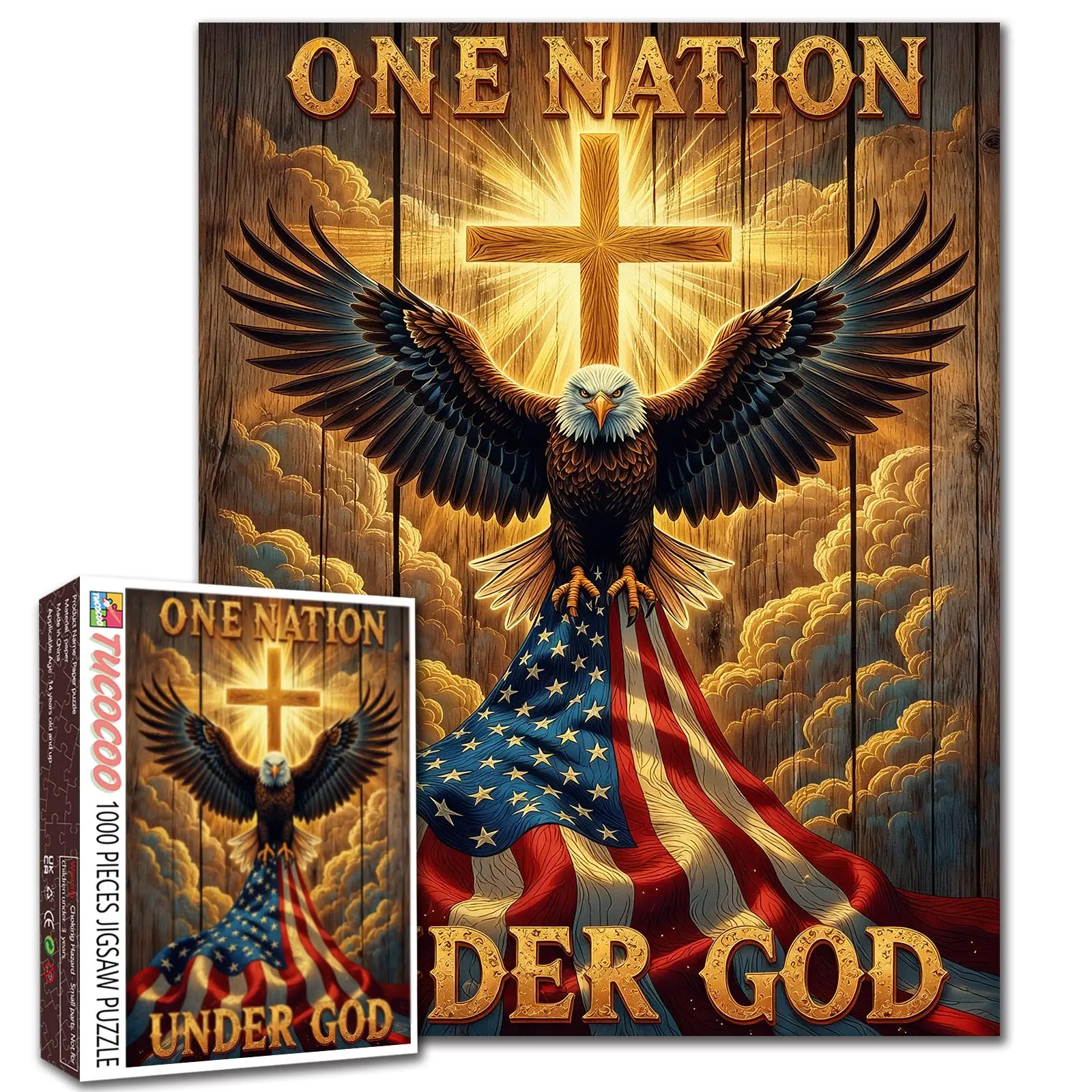 Tucocoo 1000-Piece "1 Nation Under God" Eagle Cross Decorative Jigsaw Puzzle for Adults - Luminous Cross, US Pride, Patriotic American Flag Art, Spirituality, Stress Relief Brain Challenge, House Decoration Gift, 27.5x20in (70x50cm)