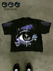 Unisex Street Style Casual Short Sleeve Fitted Graphic T-Shirt, Trendy Starry Eye Print, Round Neck, Cotton Comfort Fabric, Daily Wear, Y2K Rock Hip Hop Fashion