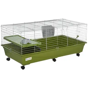 PawHut 35"L Small Animal Cage, Rolling Bunny Cage, Guinea Pig Cage with Food Dish, Water Bottle, Hay Feeder, Platform, Ramp for Chinchilla, Green