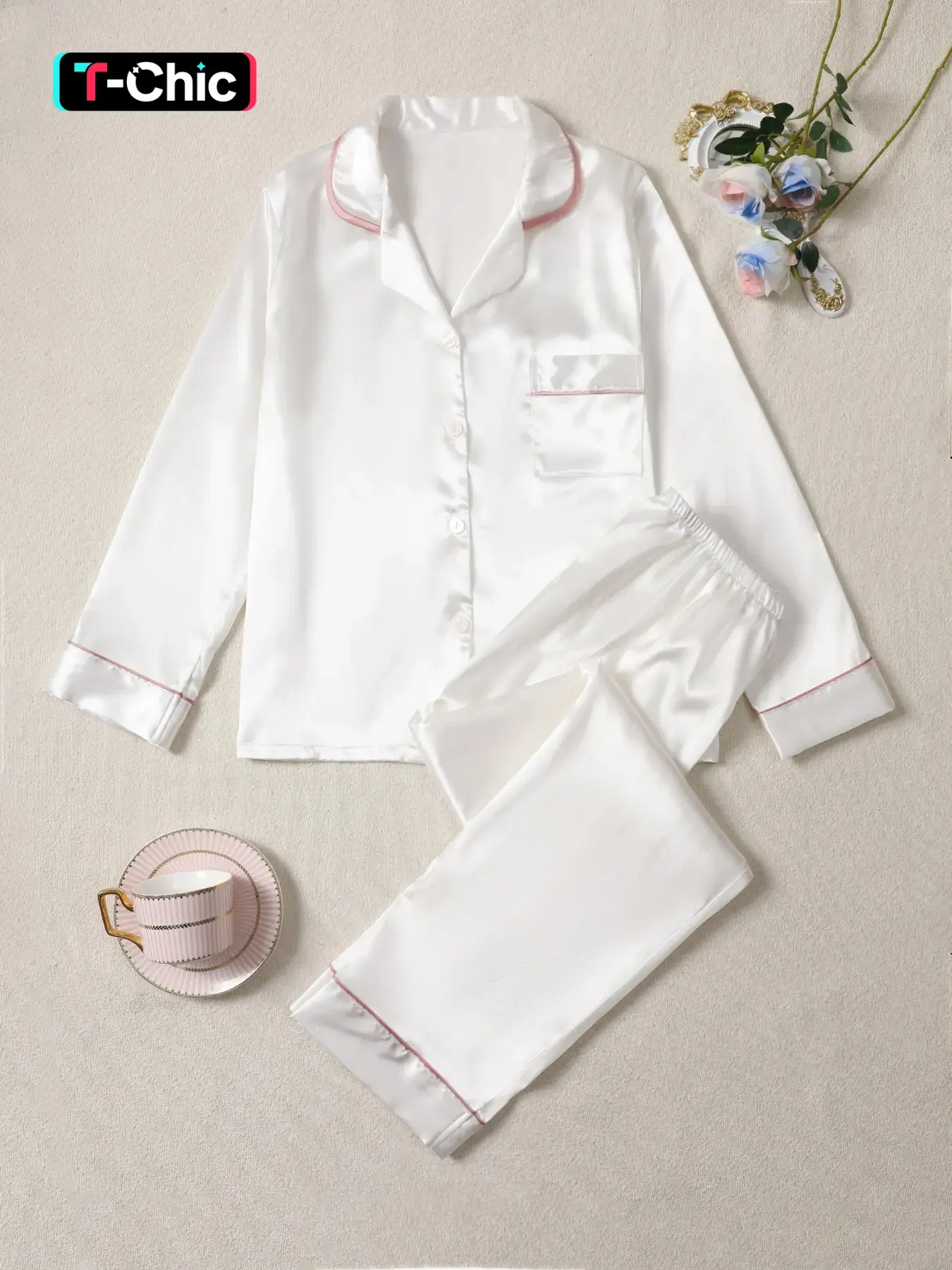 Comfortable Plain Satin Fabric Sleepwear Set, Loungewear Nightwear, Collared Pajamas, Soft Long Sleeve Button Up Top & Elastic Waist Pants, Casual Everyday Women's Loungewear Pajama Fit for All Seasons Pjs