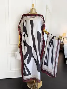 [Laruda-Original style] Women's Fashion Print Long Robe Set, Matching Moomoo Dress + Scarf Headband, Casual Woven Fabric, Thin All-Season Wear, Beach Sun Protection