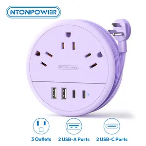 NTONPOWER Travel Power Strip Cruise Approved, 7-in-1 with 3 AC Outlets & 4 USB (2 USB-C), Flat Plug 4FT Wrapped Around Extension Cord, Travel Essentials for Cruise, Hotel & Dorm, Purple Round Strip, Smart USB Charging