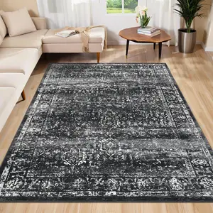 GARVEE Area Rug 9x12 - Large Living Room Carpet, Non-Slip Backing, Low Pile Faux Wool, Soft & Machine Washable, Vintage Distressed Black Rug for Bedroom, Dining Room, Office, Black