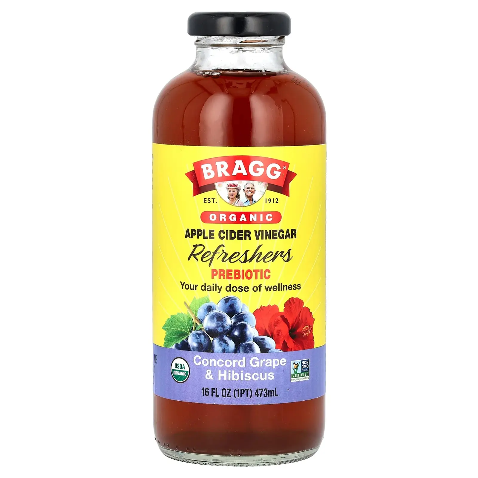 Bragg Organic Apple Cider Vinegar Refreshers, Prebiotic, Concord Grape & Hibiscus, 16 fl oz (473 ml)