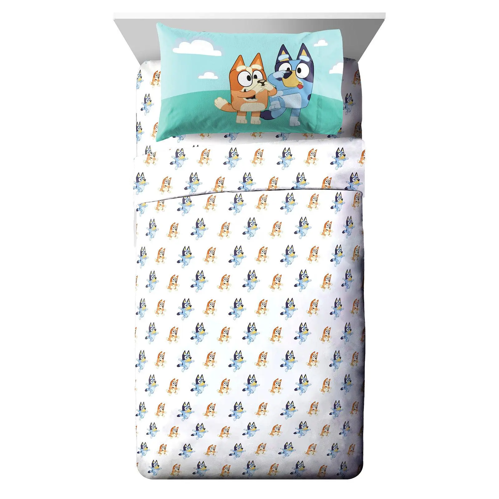 Jay Franco Official Bluey & Bingo Bedding Sheet Set, White-Blue, Ideal for Toddler Mattresses, Sleepover, Dorm, Holidays