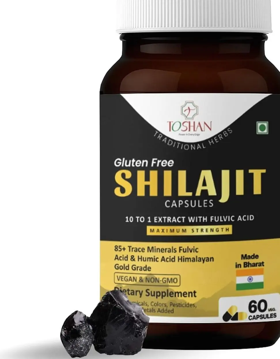 TOSHAN Himalayan Shilajit Capsules 500mg - 10:1 Shilajit Extract with Over 20% Fulvic Acid & Humic Acid - 85+ Trace Minerals for Natural Support - Maximum Strength, Vegan, Non-GMO - 60 Veg Capsules