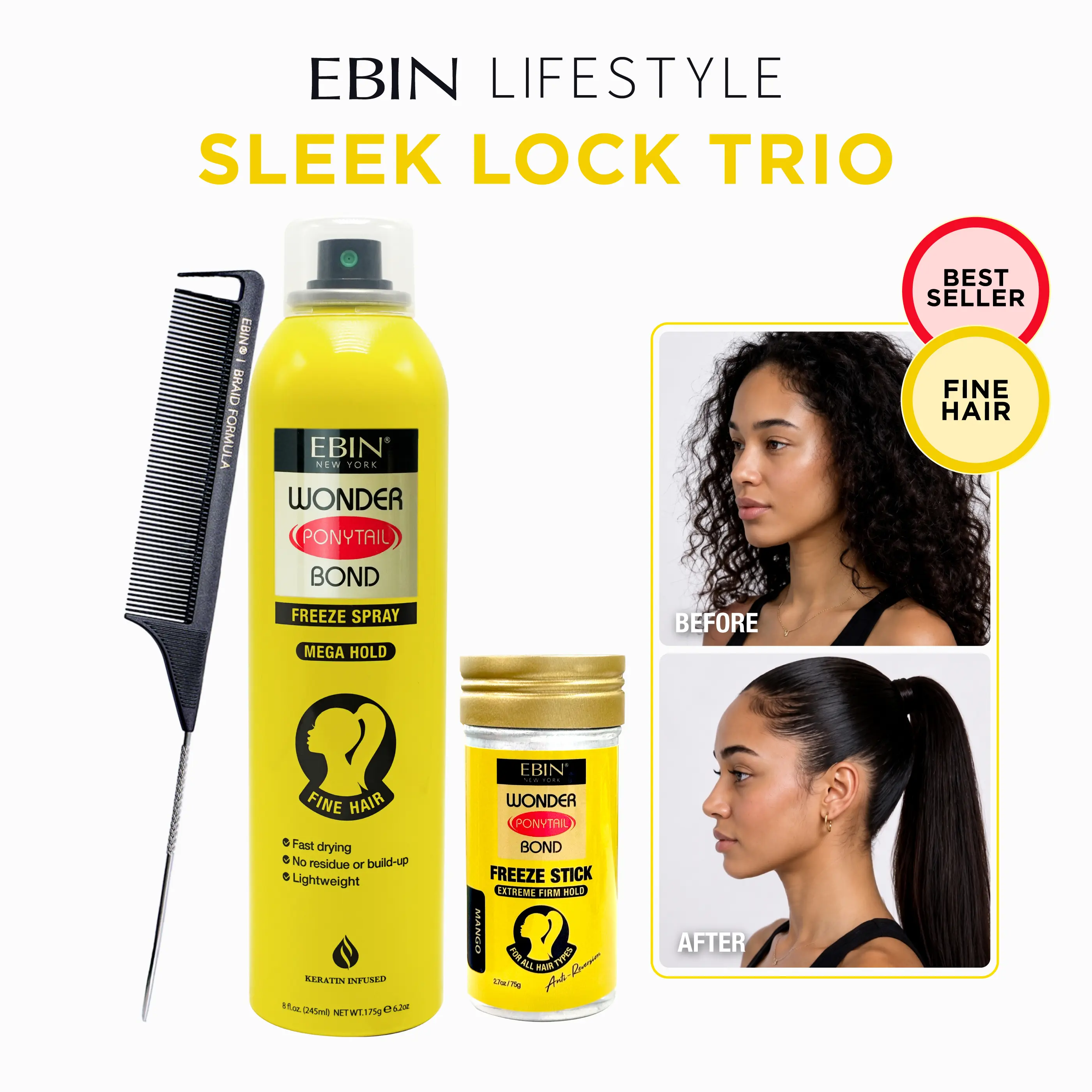 EBIN Wonder Ponytail Bond Sleek Lock Trio (Fine & All Hair Type) – Freeze Spray + Freeze Stick + FREE Styling Brush | Strong Hold, Sleek Finish, Fine Hair, Long-Lasting Control