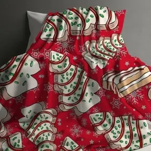 Red Christmas Tree Cakes Flannel Blanket, Cozy Winter Holiday Throw Blanket, Xmas Home Decor Decorative Gift Blanket for Family