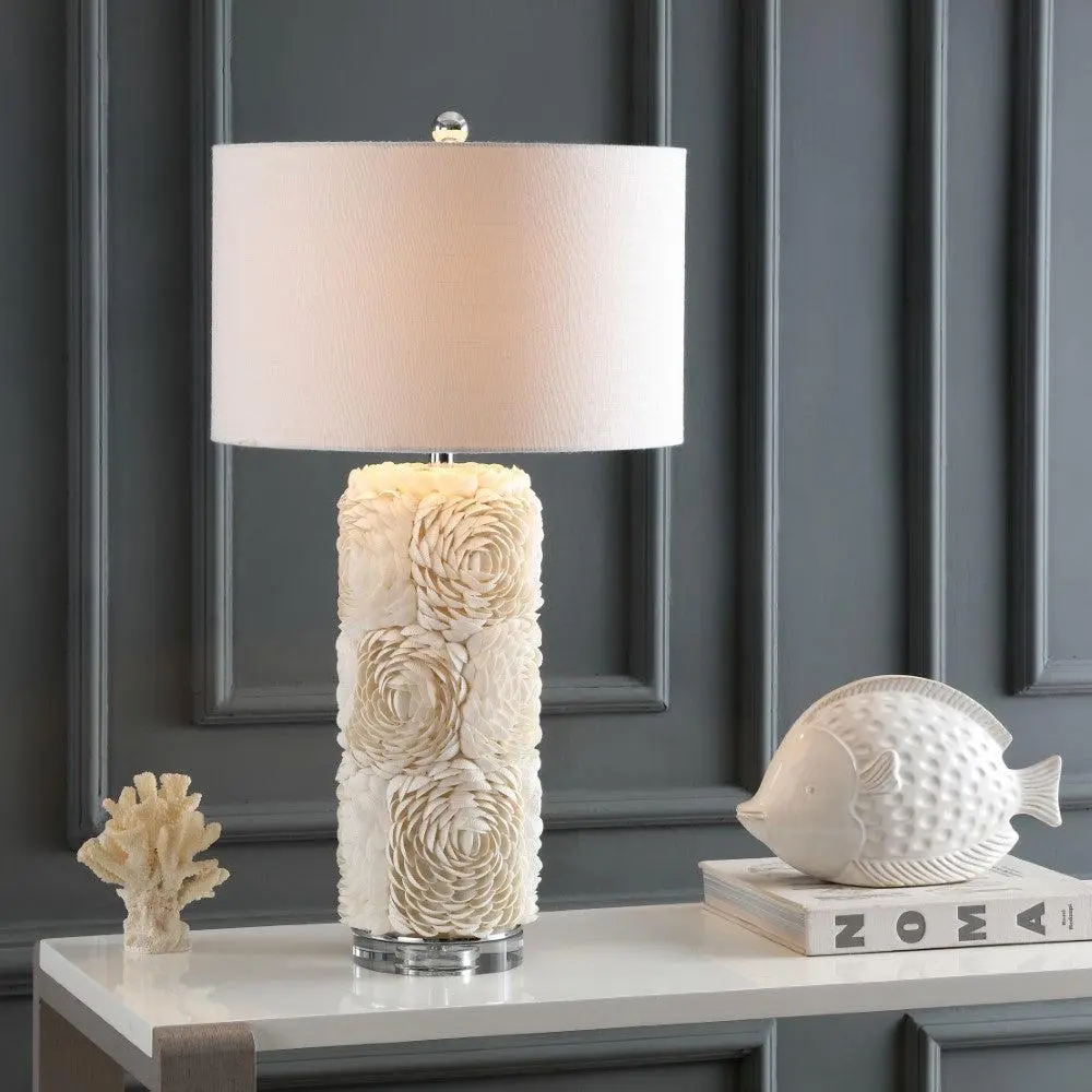 JONATHAN Y Rosette Seashell-Resin-Crystal LED Table Lamp with 100% Cotton Hardback Drum Shade, Eco-Friendly Cotton Accent Lighting Table Lamp for Bedroom, Living Room, Foyer, Table Lamps