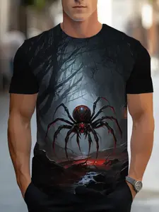 Men's Gothic Spiderweb Print T-Shirt, Black Crew Neck, Retro Pattern T-Shirt, Durable and Comfortable, Suitable for Home and Outdoor Activities.