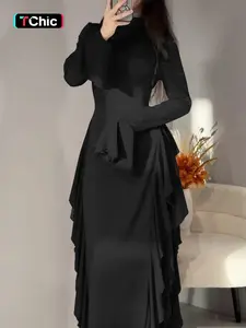 Solid-Color Flare-Sleeve Long Dress with Waist-Cinching Effect, Plain Pattern Slim-Fitting Holiday Dress for Women, Perfect for Spring and Fall