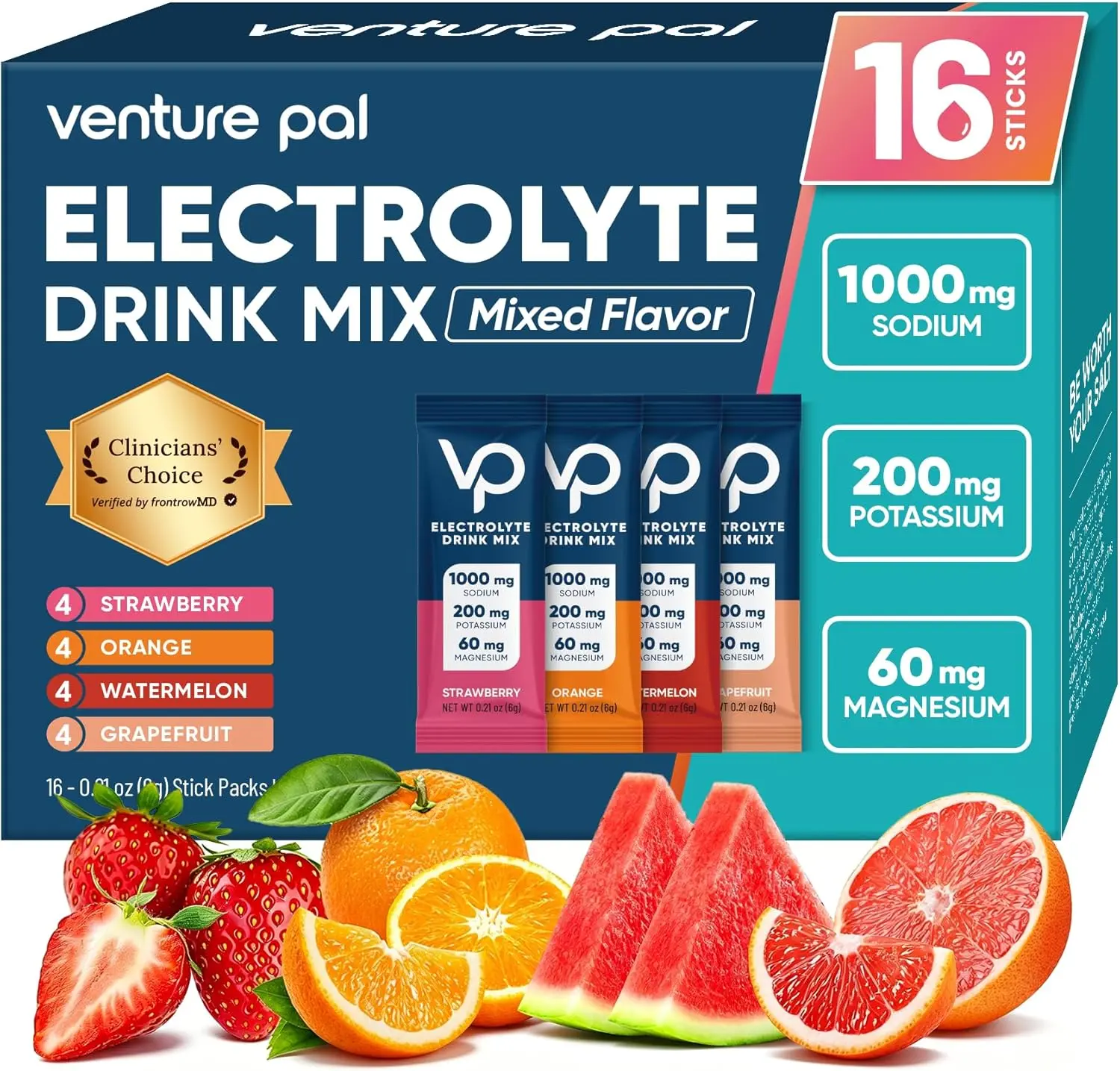 Venture Pal High Sodium Sugar Free Electrolytes Powder Packets - Hydration Packets with Vitamin, Sodium & Potassium | Zero Calories | Vegan, Keto & Paleo Friendly Electrolyte Drink Mix - 16 Sticks