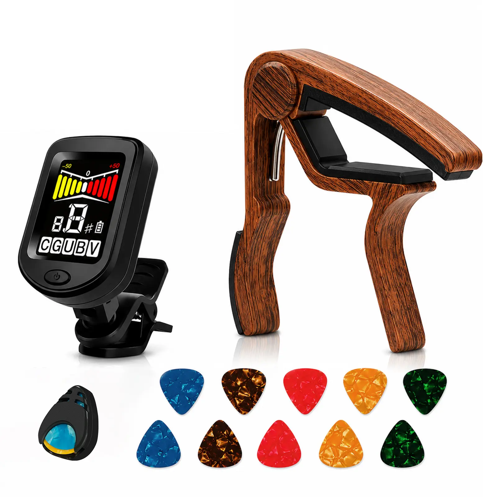 Guitar Capo and Digital Clip-On Tuner Set with 10 Celluloid Picks - Wood Grain Metal Capo, Guitar Playing Accessories for Tuning, Versatile Use, Ideal Gift for Beginners, Uses Cells