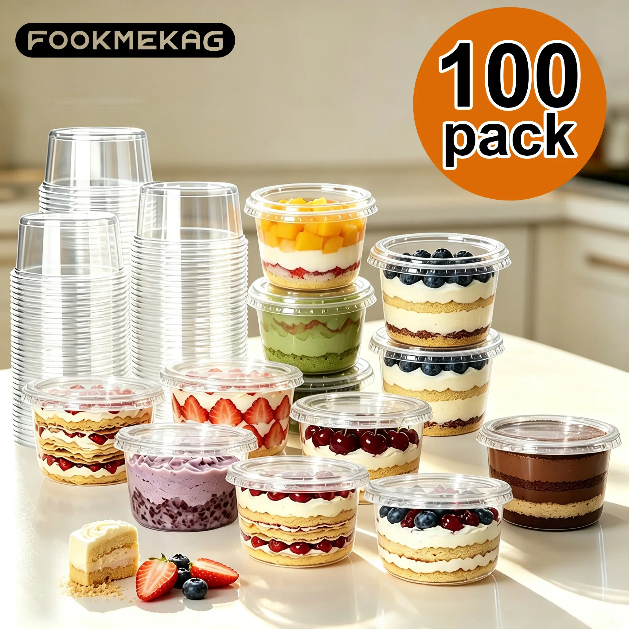 100 Pcs Disposable Transparent Plastic Dessert Cups with Flip Top Lids (8-12-16 oz) - Leak-Proof, Reusable After Wash, Stackable, Freezer-Safe Dessert Containers for Pudding Stays Fresh - Ideal for Bakeries, 100pcs for Parties, Easy to Clean