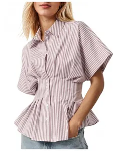 Women's Striped Shirt, Peplum Top, Fluffy Sleeves, Ruffled Babydoll, Fitted Slimming, Multiple Colors, Office & Casual Wear