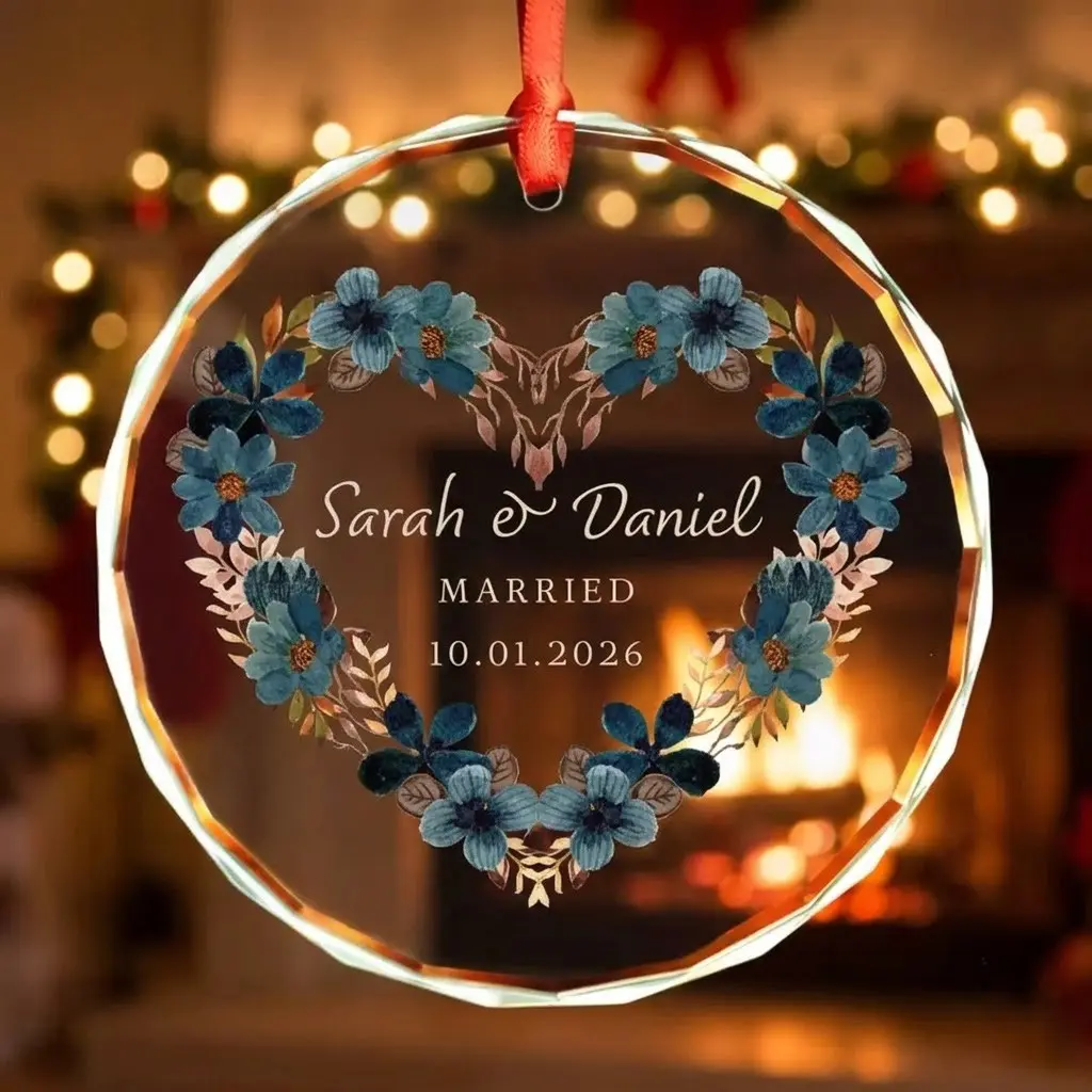 Personalized Wedding Christmas Ornament Custom Name Date Floral Heart Crystal Glass Ornaments First Christmas Married Gift for Newlyweds Couples Engagement Bridal Shower Keepsake Memorial Tree Holiday Home Decoration 2026