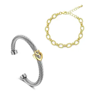 Mytys Adjustable Twisted Cable Cuff with Double Heart Accent & Stylish Link Chain Bracelet Set, Trendy Two-Tone Jewelry for Women