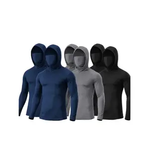 3/6 Pack Men’s Hooded Sports Shirts, UV Sun Protection Quick Dry Breathable Long Sleeve Hoodie with Mask for Fishing Work Outdoor