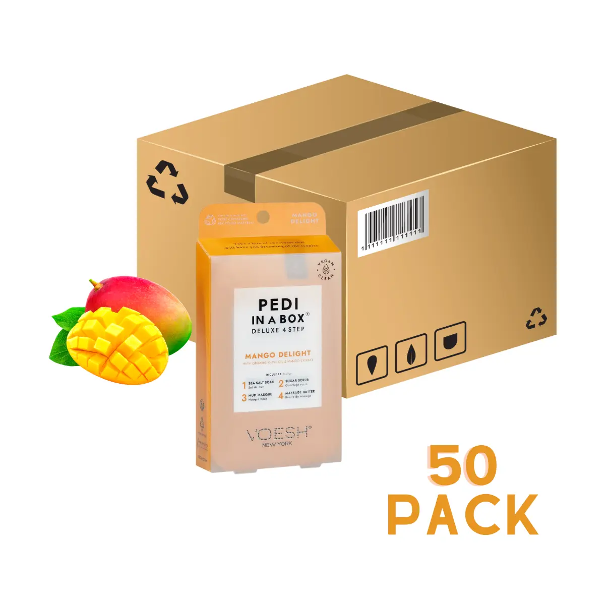 Voesh Mango Delight 4-Step Organic Pedicure Kit - 50-Piece Case with Smooth Sugar Mask, Moisturizing, Hydrating, Nourishing, Soothing Benefits & Refreshing Scent (Pedi In A Box)