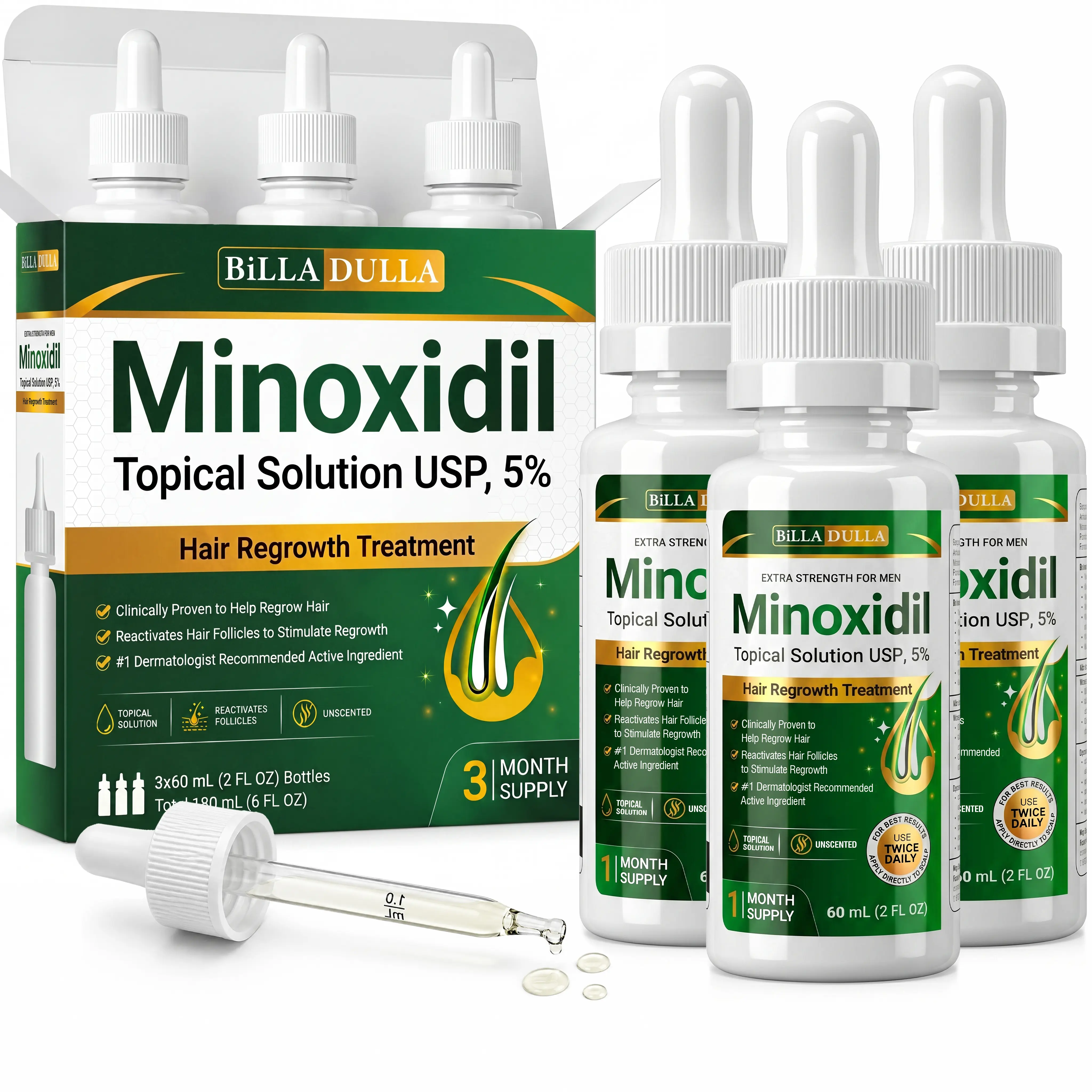 Minoxidil for Men Hair Growth Serum – Minoxidil 5% Extra Strength Hair Regrowth Treatment for Thinning Hair, Hair Loss, Receding Hairline & Beard Growth – Topical Solution USP 5% – 3 Month Supply - 3 x 60mL(180mL)