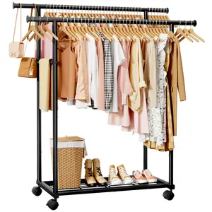 Double Rod Clothes Hanging Rack, Iron Painted Garment Rack, Black Medium