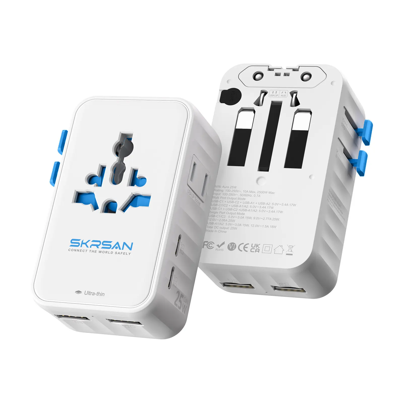 SKRSAN Aura 70W International Travel Adapter, 36mm Ultra-Slim 6-in-1 Universal Wall Charger, PD & QC 3.0 Fast Charging Essentials for Laptop, Phone, UK Europe USA Australia