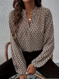 French Style Full Print Split Neck Bishop Sleeve Lightweight Top, Elegant Loose-Fitting Pullover for All Seasons, Spring Summer Fashion