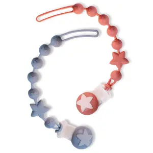 Silicone Baby Pacifier Clips for Boys and Girls, Pack of 2 Flexible Rust-Free Pacifier Holder Clip with One-Piece Design, Paci Binky Clips (Terracotta+Azure)