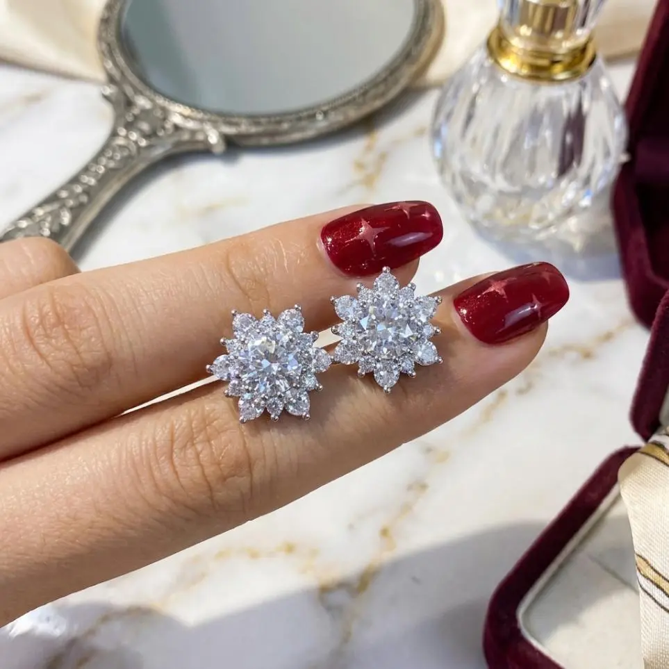 S925 Sterling Silver Post Iced Out Snowflake Stud Earrings - Bling Silver Cluster Studs, Hypoallergenic Streetwear Jewelry for Men Women