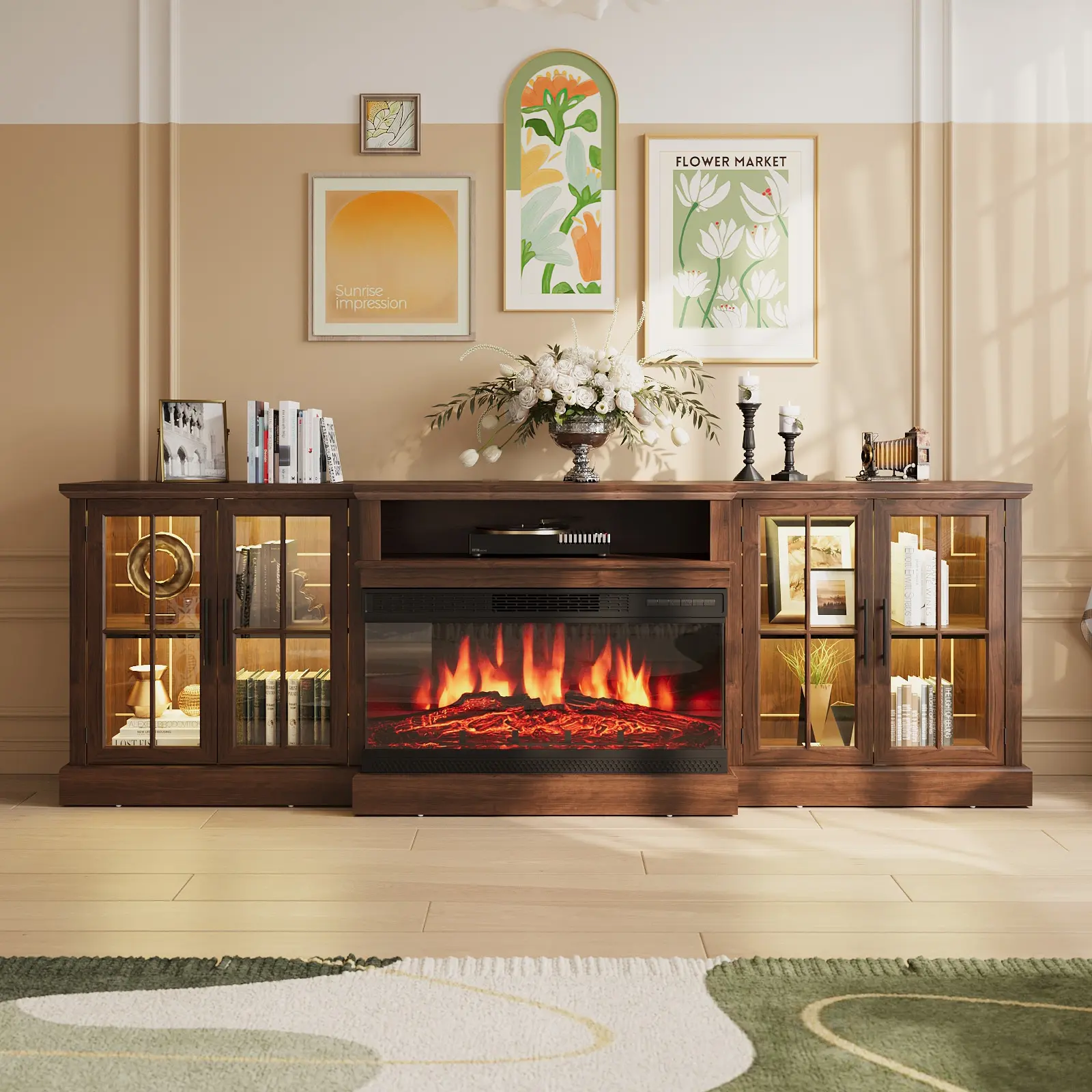 98-in Farmhouse TV Stand with 36-in Fireplace (Fits TVs Up to 100-in), Living Room Media Entertainment Center with Adjustable Shelves & Large Storage Cabinets (Ships in 3 Packages), Tv Stand Living Room, Entertainment Tv Stand,dorm essentials,home decor
