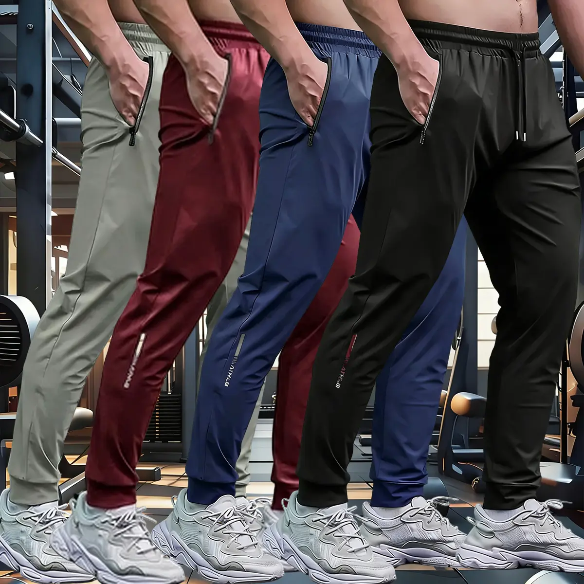 Set of 4 men’s summer long pants with a drawstring waistband, suitable for fitness, running, yoga, training, everyday wear, and casual use.