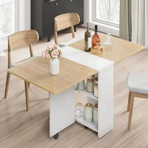 Folding Dining Table, Space Saving Farmhouse Dining Table for 4 Storage Shelf, 6 Wheels Multipose Expandable Kitchen Drop Leaf Table for Small Space (Pear Wood, 47.2"D x 23.6"W x 29.5"H)