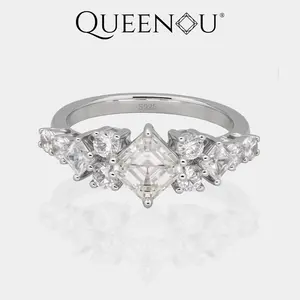 【977】Elaborate 1CT Square Synthetic Moissanite Ring | Asgar Cut with Sparkling Graduated Zirconia Sides | Geometric Ring