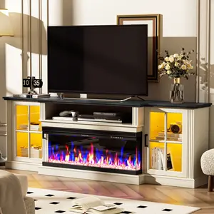【2 Packages Shipping】Spurgehom 3-Sided Fireplace TV Stand, 70" Farmhouse Highboy Entertainment Center with 34" Electric Fireplace & LED Lights - Media Console Table for Living Room, Fits TVs Up to 80 Inches summervibes Tv Frame summergarden
