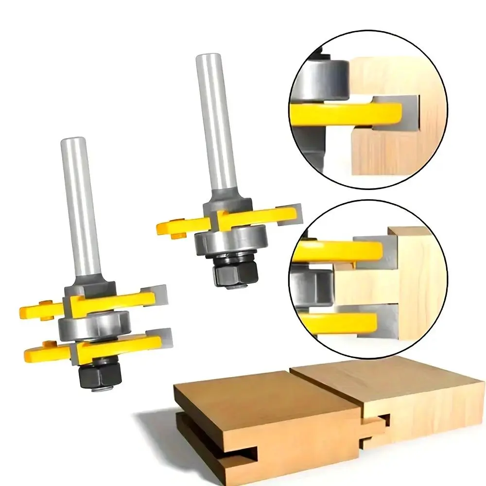 Tongue & Groove Router Bit Tool Set, Wood Cutting Milling Cutter with 45 Degree Lock Miter Router Bit, T Shape 3 Teeth Wood Milling Cutter for Soft and Hard Woods, Power Tools